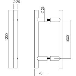 Deurgreep per paar T-vorm 1200x70x25 hart op hart 1000mm RVS