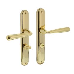 Deurkruk Yvonne op schild met toilet-/badkamersluiting 63 mm messing gelakt