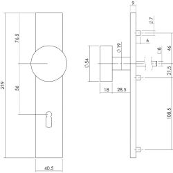 Knop rechthoekig schild sleutelgat rvs 56 mm