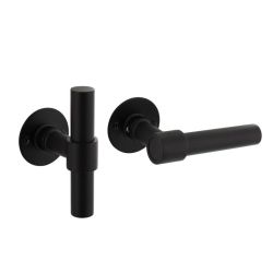 Deurkruk L/T-model recht, ronde platte rozet 50x2 mm RVS/mat zwart