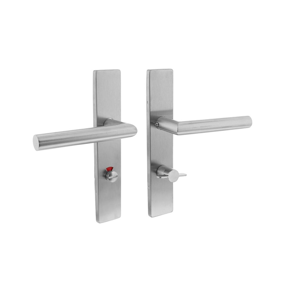 Deurkruk Hoek 90° rechts op rechthoekig  schild met toilet-/badkamersluiting 72/8 klein krukgat rvs geborsteld