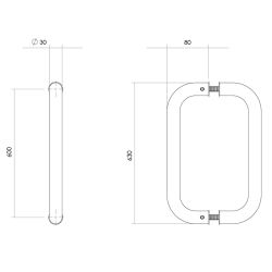 Deurgrepen per paar U-vorm 630x80x30 hart op hart 600 RVS
