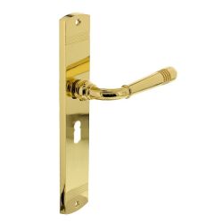 Deurkruk Emily op schild 235x45x8 mm met sleutelgat 56 mm messing gelakt