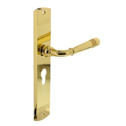 Deurkruk Emily op schild 235x45x8 mm met profielcilindergat 55 mm messing gelakt