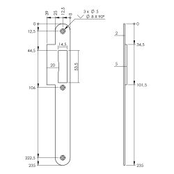 P+E Sluitplaat voor projectsloten met dagschoot DIN rechts 235x25mm rvs geborsteld