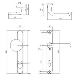 Veiligheidsbeslag SKG3 smal greep/kruk profielcilindergat 92mm met kerntrekbeveiliging aluminium/zwart