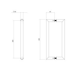 Deurgrepen per paar recht-90° 220x65x20 HoH 200mm RVS