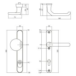 Veiligheidsbeslag SKG3 smal greep/kruk profielcilindergat 92mm kerntrekbeveiliging aluminium