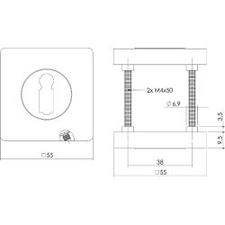 Intersteel sleutelrozetten vierkant verdekt 53x10mm met nokken chroom/nikkel mat