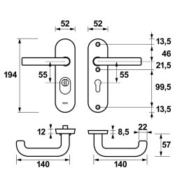 AXA veiligheidsbeslag achterdeur Oval Plus kortschild U kruk/kruk PC55 met kerntrekbeveiliging SKG3 - aluminium/zwart