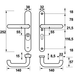 AXA veiligheidsbeslag achterdeur Oval Plus smalschild U kruk/kruk PC55 met kerntrekbeveiliging SKG3 - aluminium