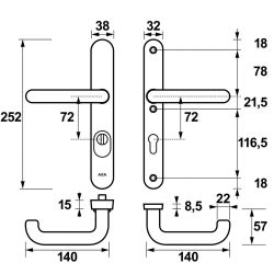 AXA veiligheidsbeslag achterdeur Oval Plus smalschild U kruk/kruk PC72 met kerntrekbeveiliging SKG3 - aluminium/zwart