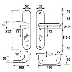 AXA veiligheidsbeslag voordeur Oval Plus Wing knop/U-kruk PC72 met kerntrekbeveiliging SKG3 - aluminium