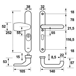AXA veiligheidsbeslag voordeur Oval Plus smalschild Wing knop/U-kruk PC55 met kerntrekbeveiliging SKG3 - aluminium