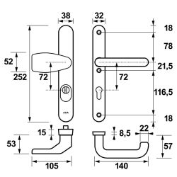 AXA veiligheidsbeslag voordeur Oval Plus smalschild Wing knop/U-kruk PC72 met kerntrekbeveiliging SKG3 - aluminium