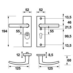 AXA veiligheidsbeslag achterdeur Edge Plus rechth. kortschild Blok kruk/kruk PC55 met kerntrekbeveiliging SKG3 - aluminium/zwart