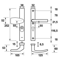 AXA veiligheidsbeslag voordeur Edge Plus rechth. smalschild Wing knop/Blok-kruk PC55 kerntrekbeveiliging SKG3 - aluminium/zwart