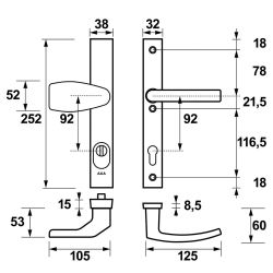 AXA veiligheidsbeslag voordeur Edge Plus rechth. smalschild Wing knop/Blok-kruk PC92 kerntrekbeveiliging SKG3 - aluminium/zwart