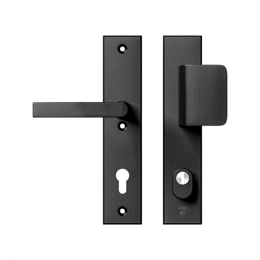 AXA veiligheidsbeslag voordeur Edge Plus rechthoekig schild D-knop/Blok-kruk PC92 met kerntrekbeveiliging SKG3 - aluminium/zwart