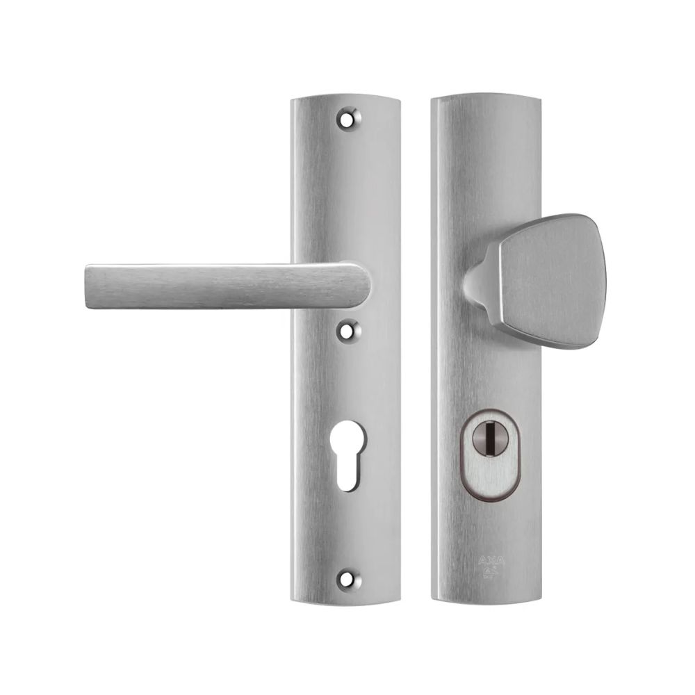 AXA Curve Plus veiligheidsbeslag voordeur gebogen schild S-knop/Blok-kruk PC72 met kerntrekbeveiliging SKG3 - aluminium