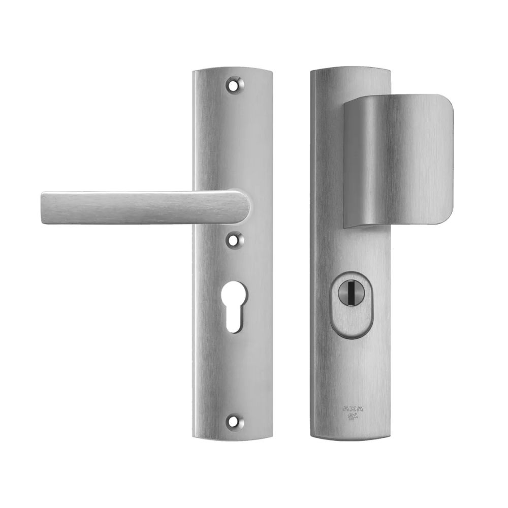 AXA Curve Plus veiligheidsbeslag voordeur gebogen schild D-knop/Blok-kruk PC55 met kerntrekbeveiliging SKG3 - aluminium