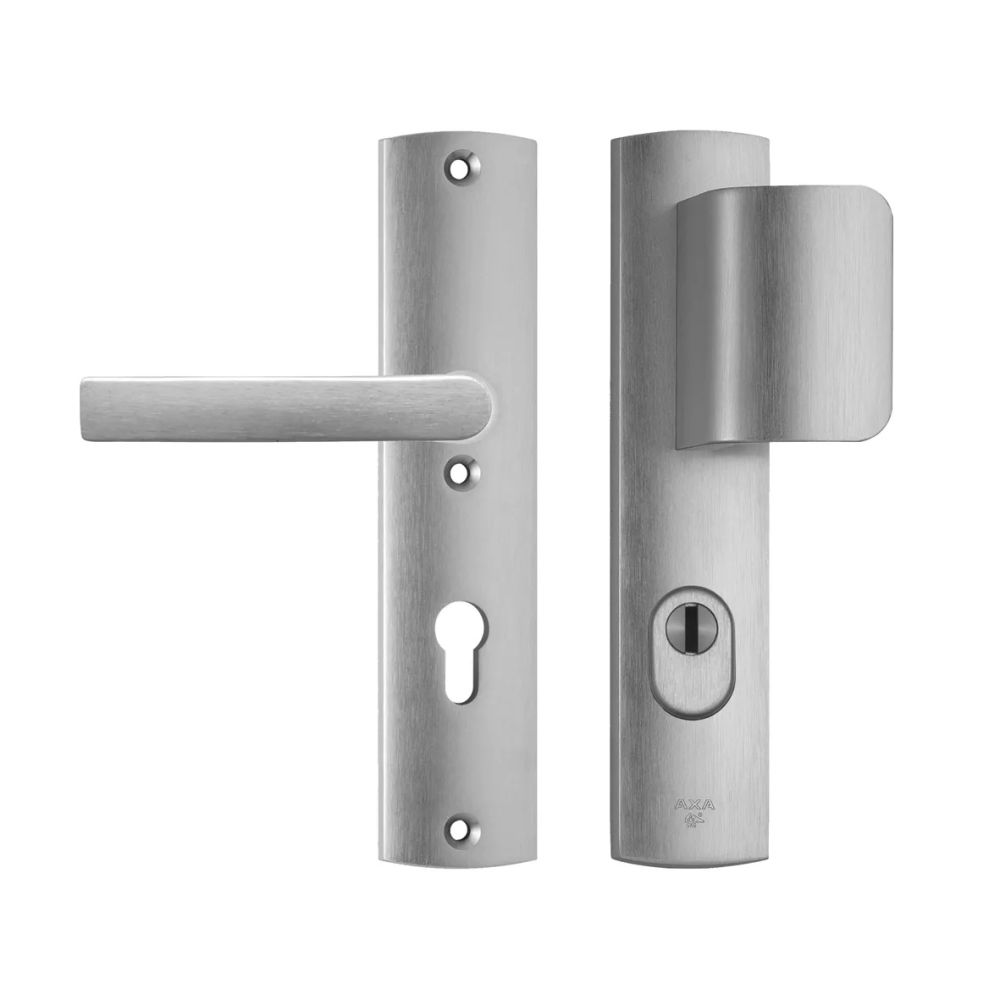 AXA Curve Plus veiligheidsbeslag voordeur gebogen schild D-knop/Blok-kruk PC72 met kerntrekbeveiliging SKG3 - aluminium