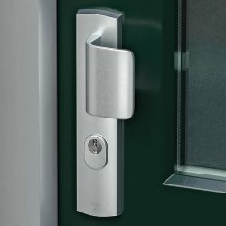 AXA Curve Plus veiligheidsbeslag voordeur gebogen schild D-knop/Blok-kruk PC72 met kerntrekbeveiliging SKG3 - aluminium